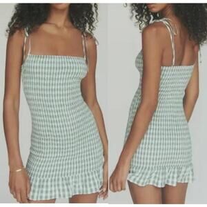 NWT Reformation Gemini Smocked Mini Dress Green Check Gingham Womens Size XL